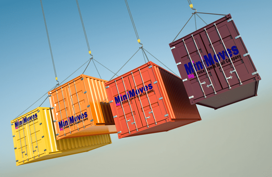 Shipping containers with the MiniMoves Removals Logo